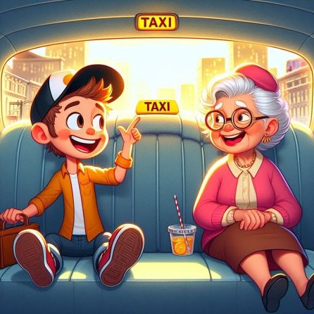 Alex and grandma in a taxi