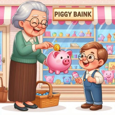 grandma buys a piggy bank for Alex