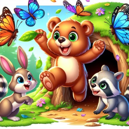 little bear playing with butterflies