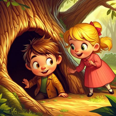 Oliver and Lily walking inside the oak tree