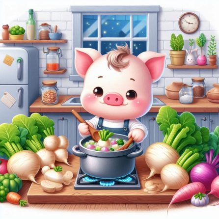 piglet is cooking turnip soup